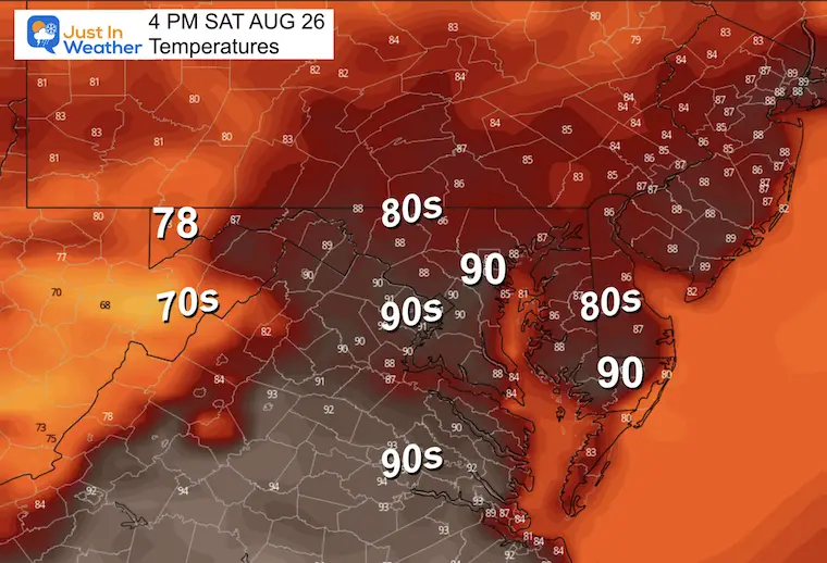 August 25 weather forecast temperatures Saturday afternoon