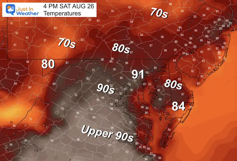 August 26 weather forecast temperatures Saturday afternoon