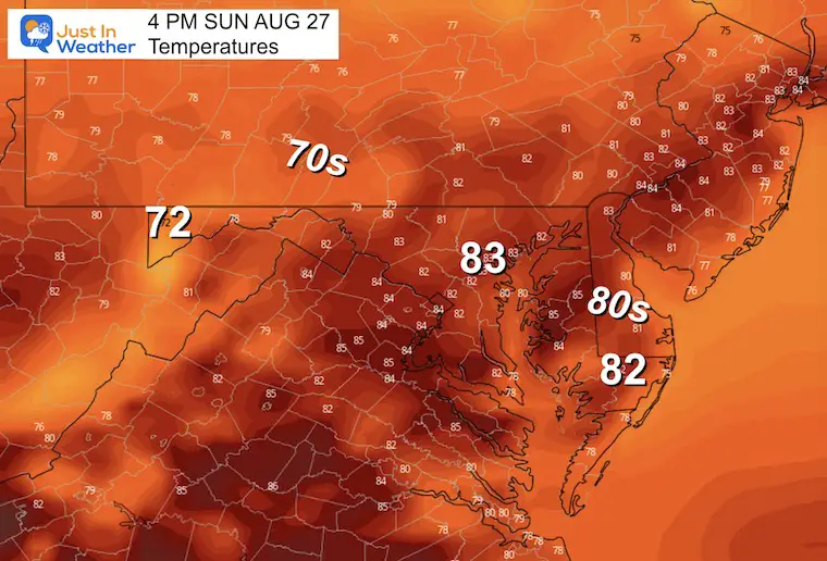 August 26 weather forecast temperatures Sunday afternoon