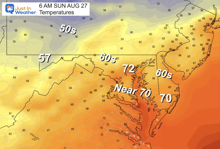 August 26 weather forecast temperatures Sunday morning