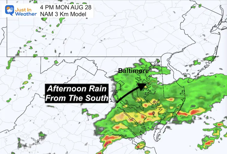 August 28 weather forecast rain radar Monday afternoon