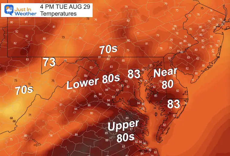August 28 weather forecast temperatures Tuesday afternoon