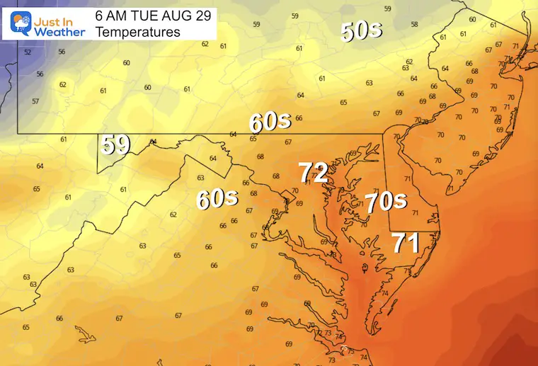 August 28 weather forecast temperatures Tuesday morning