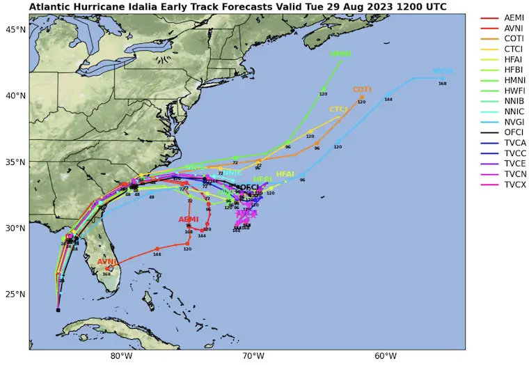 August 29 Hurricane Idalia computer model forecast tracks