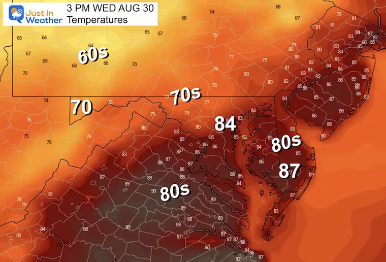 August 29 weather forecast temperatures Wednesday afternoon