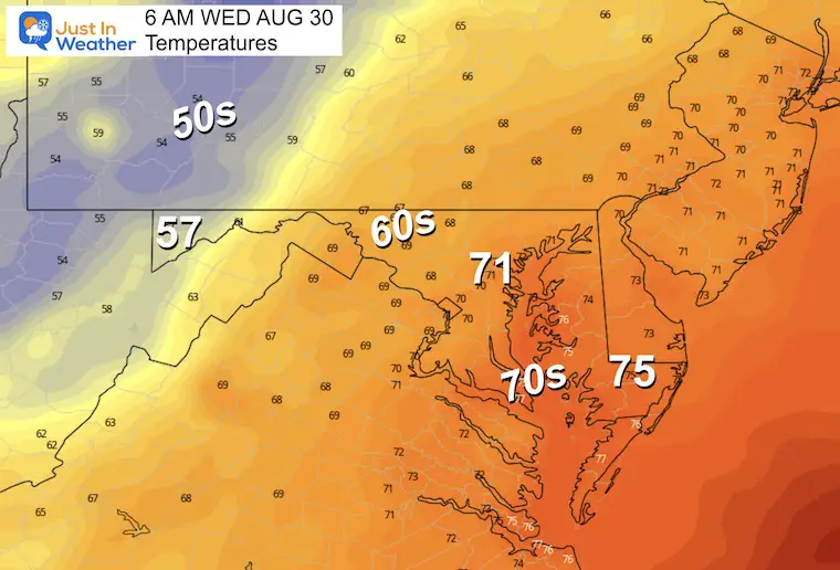 August 29 weather forecast temperatures Wednesday morning