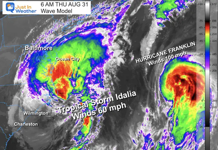 August 31 Tropical Storm Idalia and Hurricane Franklin Thursday morning