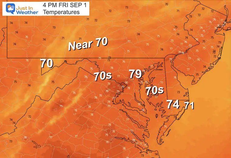 August 31 weather forecast temperatures Friday afternoon