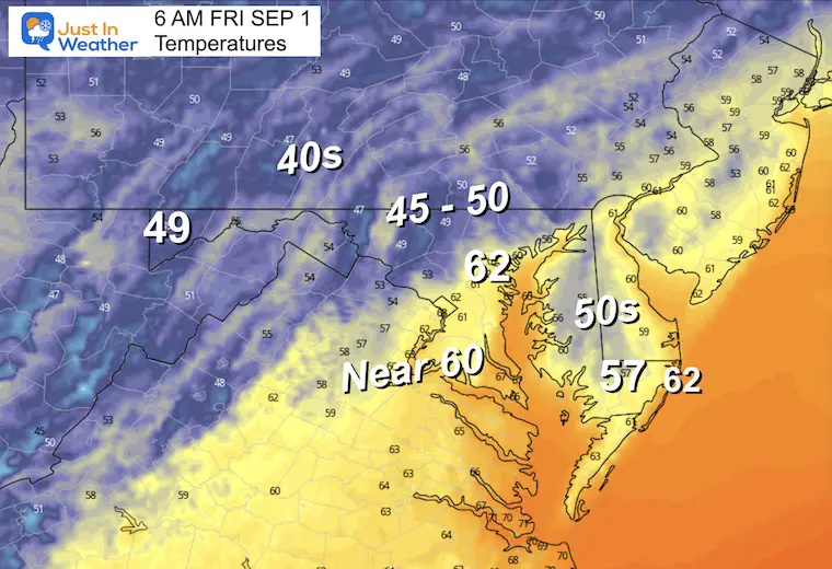 August 31 weather forecast temperatures Friday morning