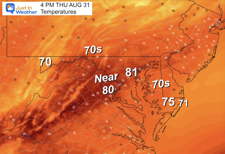August 31 weather forecast temperatures Thursday afternoon