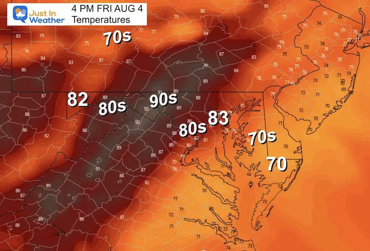 August 4 weather forecast temperatures Friday afternoon