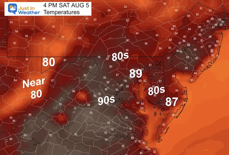 August 4 weather forecast temperatures Saturday afternoon