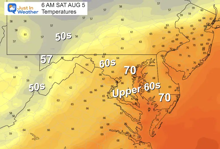 August 4 weather forecast temperatures Saturday morning
