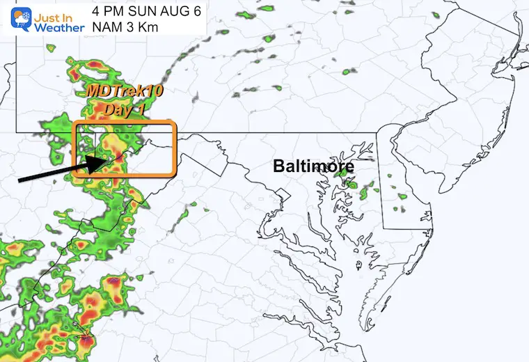 August 6 weather radar forecast rain Sunday 4 PM