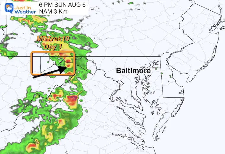 August 6 weather radar forecast rain Sunday 6 PM