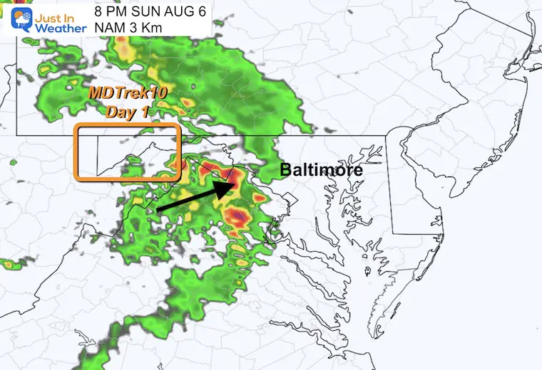 August 6 weather radar forecast rain Sunday 8 PM