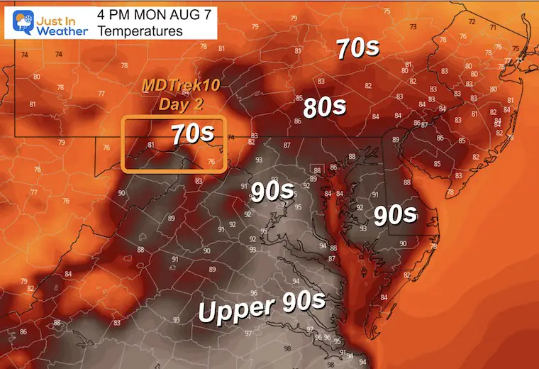 August 6 weather forecast temperatures Monday afternoon