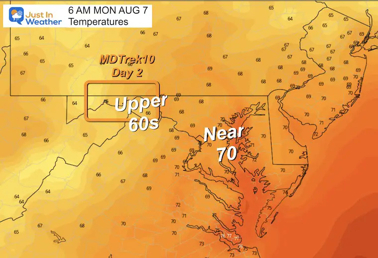 August 6 weather forecast temperatures Monday morning