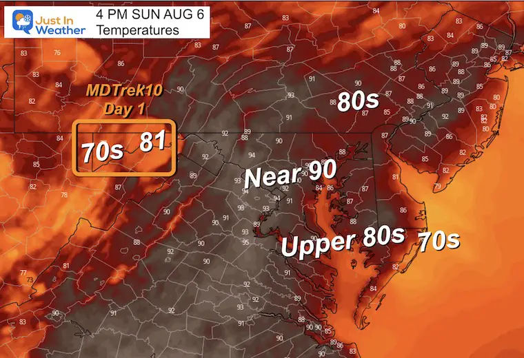 August 6 weather radar forecast temperatures Sunday 4 PM