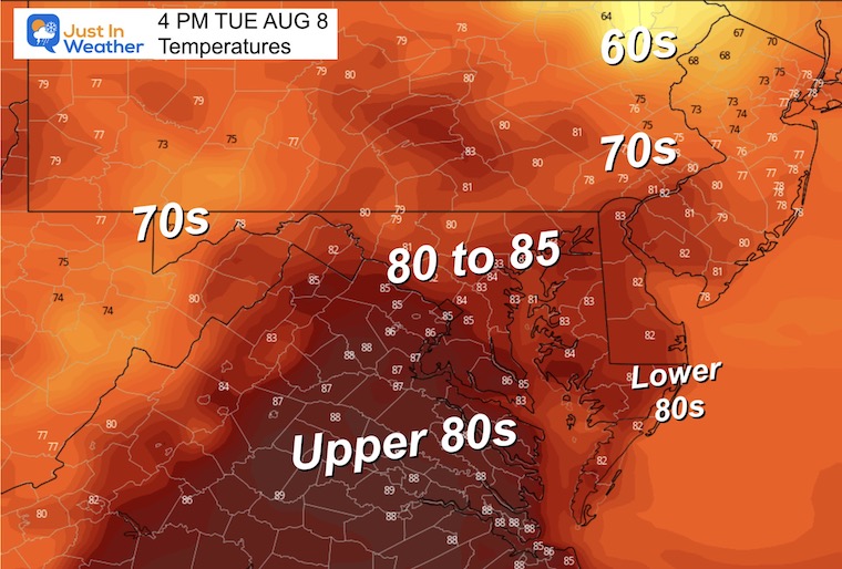 August 7 weather temperatures Tuesday Afternoon