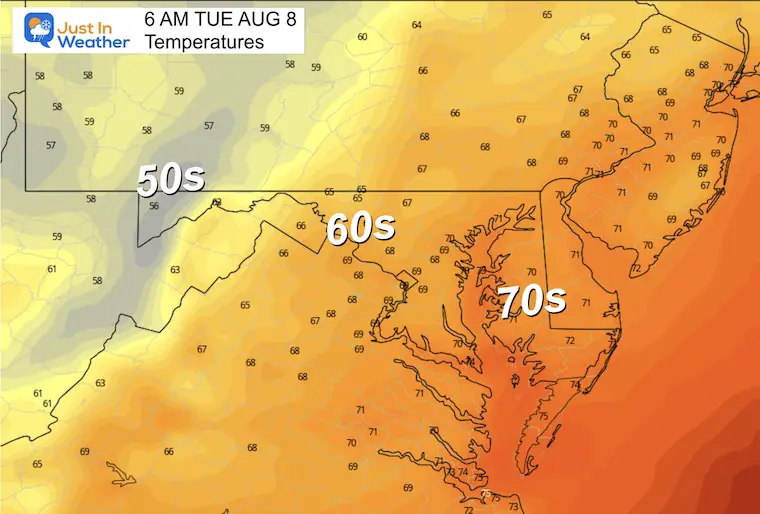 August 7 weather temperatures Tuesday Morning 