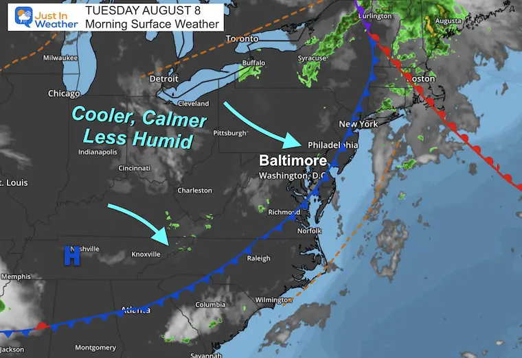 August 8 weather forecast temperatures Tuesday Morning