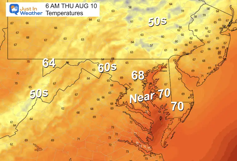 August 9 weather temperatures Thursday morning