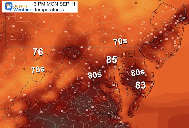 September 10 weather temperatures Monday afternoon