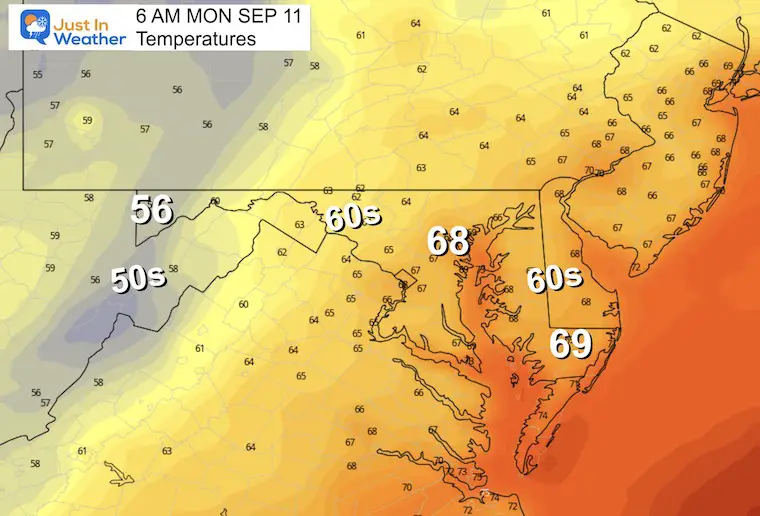 September 10 weather temperatures Monday morning