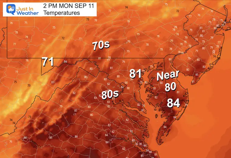 September 11 weather forecast temperatures Monday afternoon
