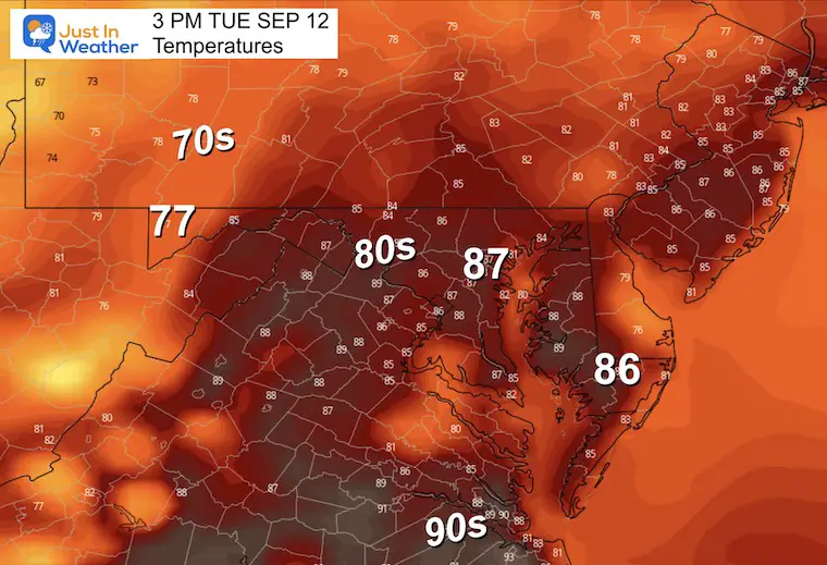 September 11 weather forecast temperatures Tuesday afternoon