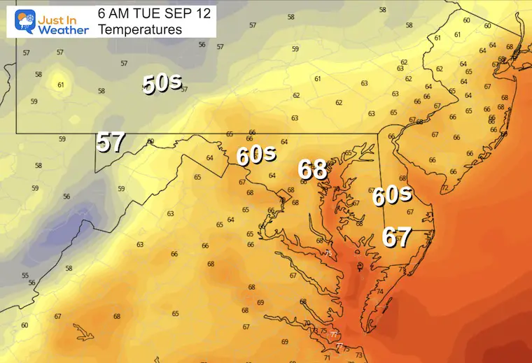 September 11 weather forecast temperatures Tuesday morning