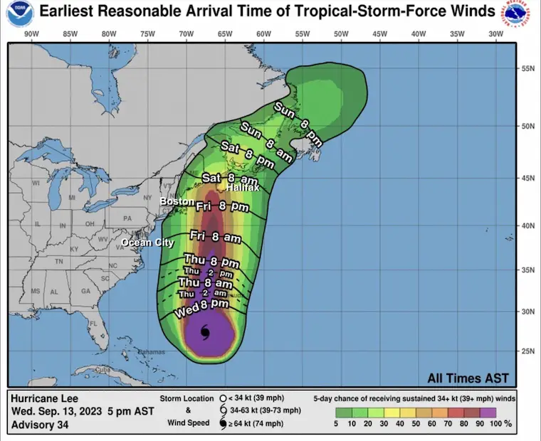 September 13 Hurricane Lee Wind Arrival Time