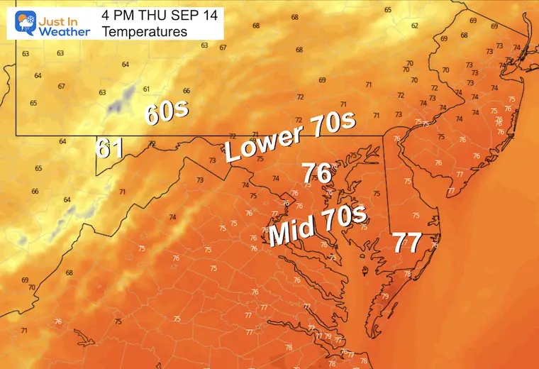 September 13 weather forecast temperatures Thursday afternoon