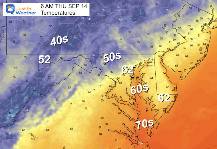 September 13 weather forecast temperatures Thursday morning