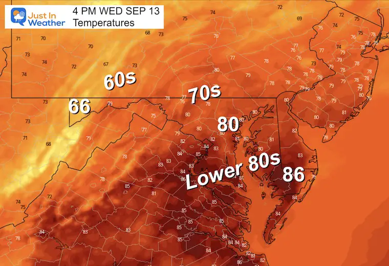September 13 weather forecast temperatures Wednesday afternoon