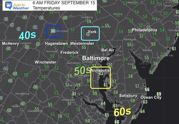 September 15 weather temperatures Friday morning