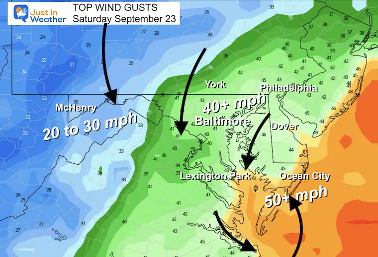 September 20 coastal storm wind gusts Saturday Night