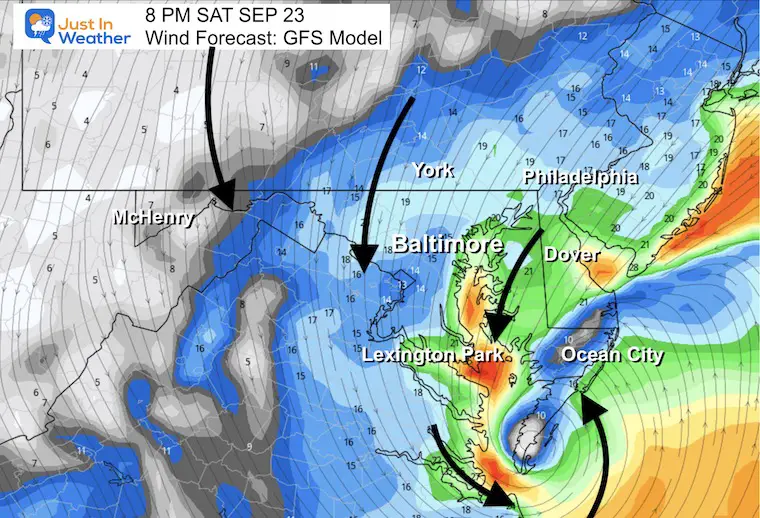 September 20 coastal storm wind speed Saturday Night