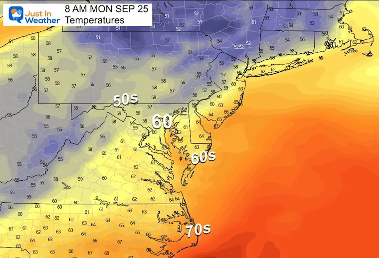 Tropical Storm Ophelia Monday Morning Temperatures