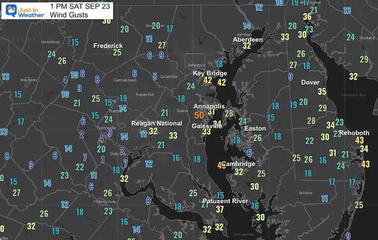 September 23 wind gusts ophelia Saturday afternoon