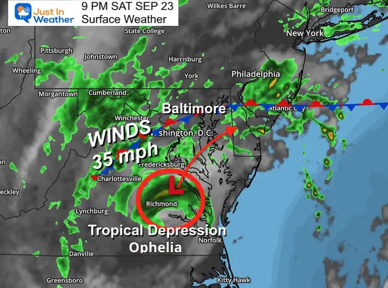 September 23 Tropical Storm Ophelia Map Saturday Night