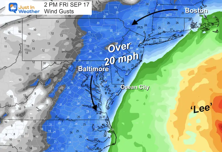 September 13 wind forecast Hurricane Lee Friday Maryland