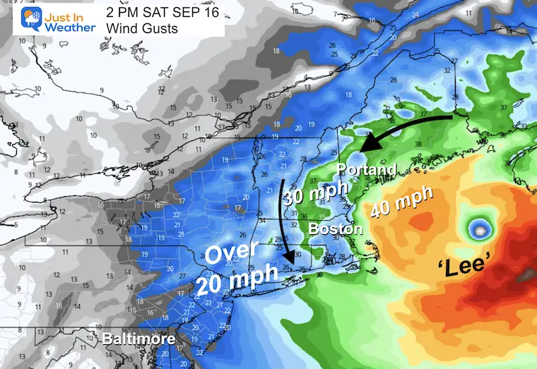 September 13 wind forecast Hurricane Lee Saturday New England