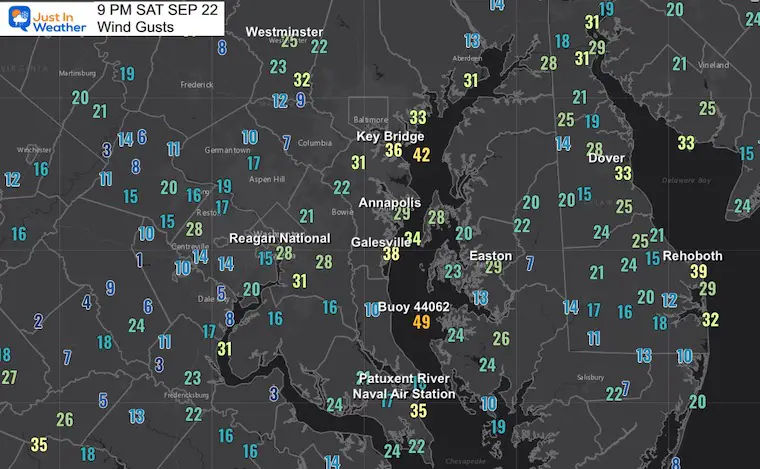 September 23 Ophelia wind gusts Saturday Night