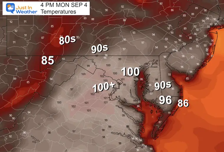 September 3 weather temperatures Labor Day Monday afternoon