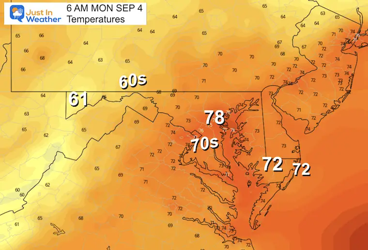 September 3 weather temperatures Labor Day Monday morning