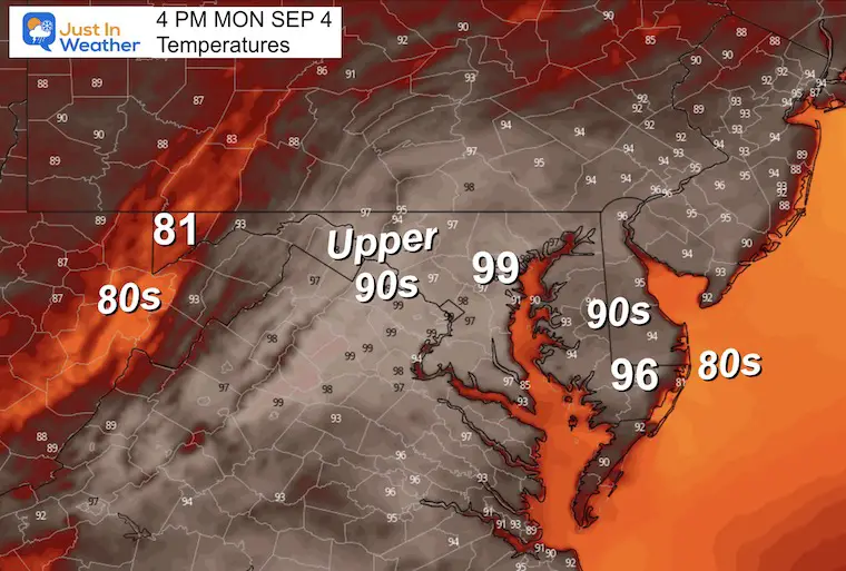 September 4 weather forecast temperatures Monday afternoon