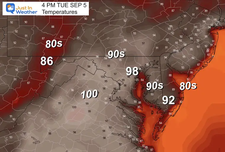 September 4 weather forecast temperatures Tuesday afternoon