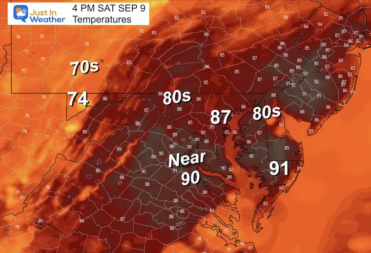 September 9 weather forecast temperatures Saturday afternoon